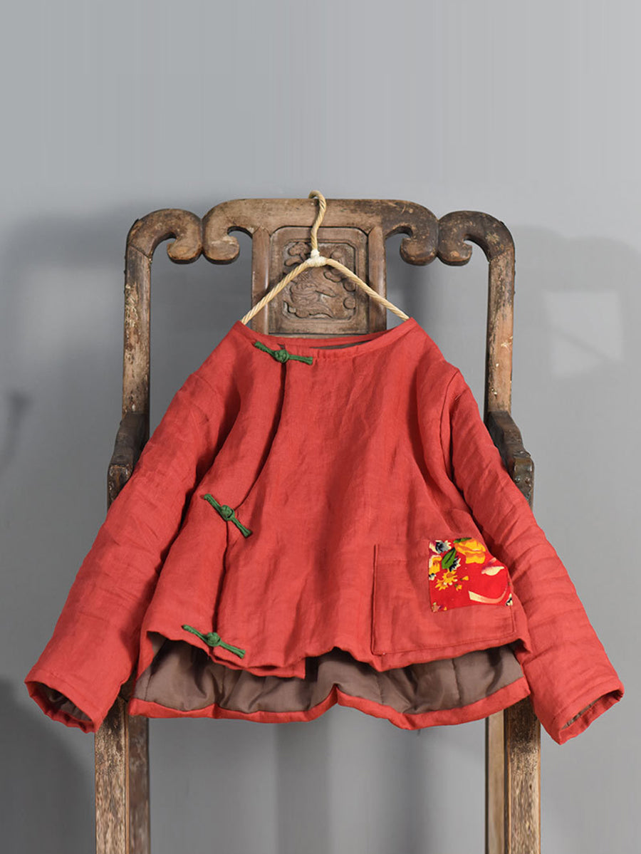 Women Winter Retro Patch O-Neck Ramie Padded Coat