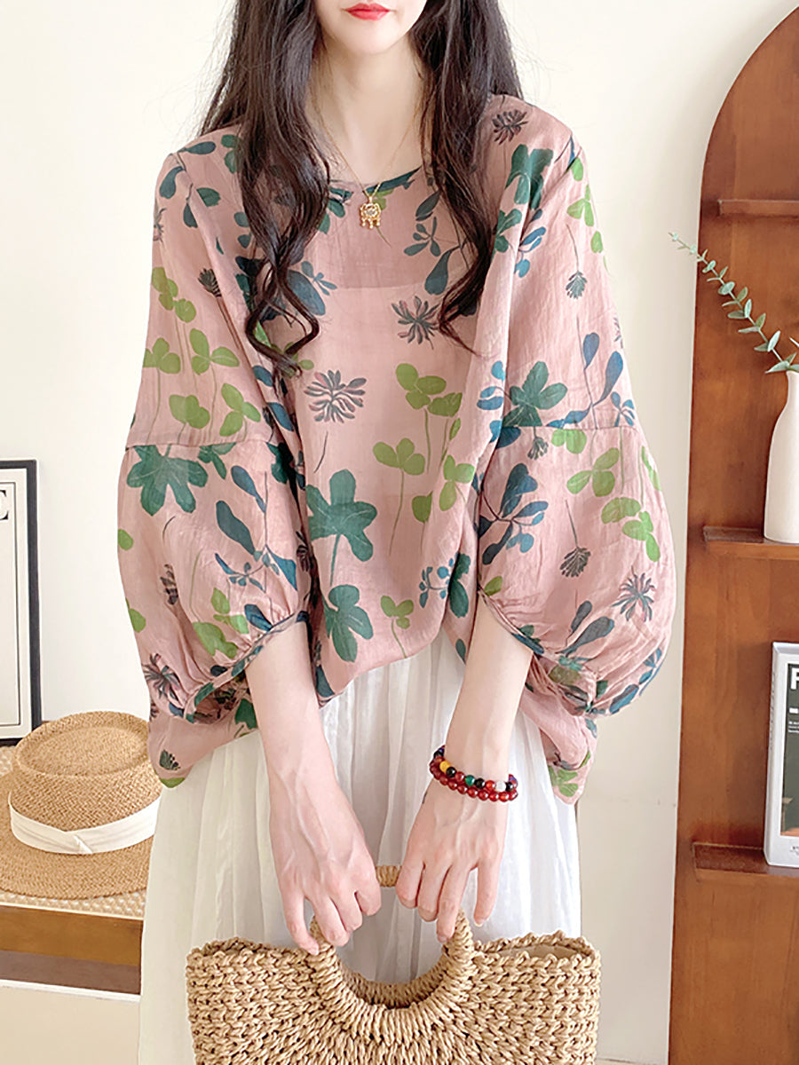 Plus Size Women Summer Artsy Flower Loose O-Neck Blouse