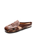 Women Vintage Genuine Leather Hollow Out Soft Slippers
