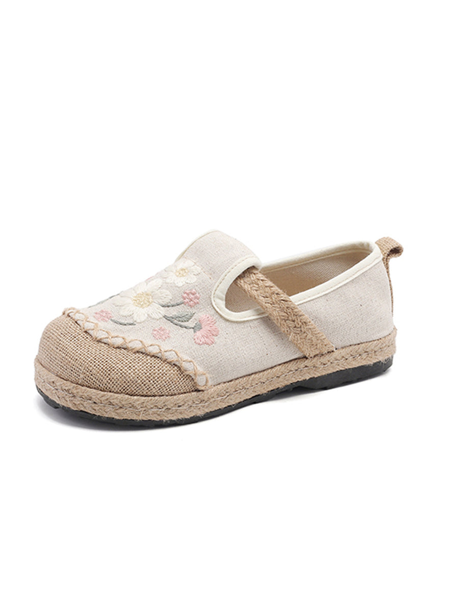 Women Ethnic Flower Embroidery Linen Flat Shoes