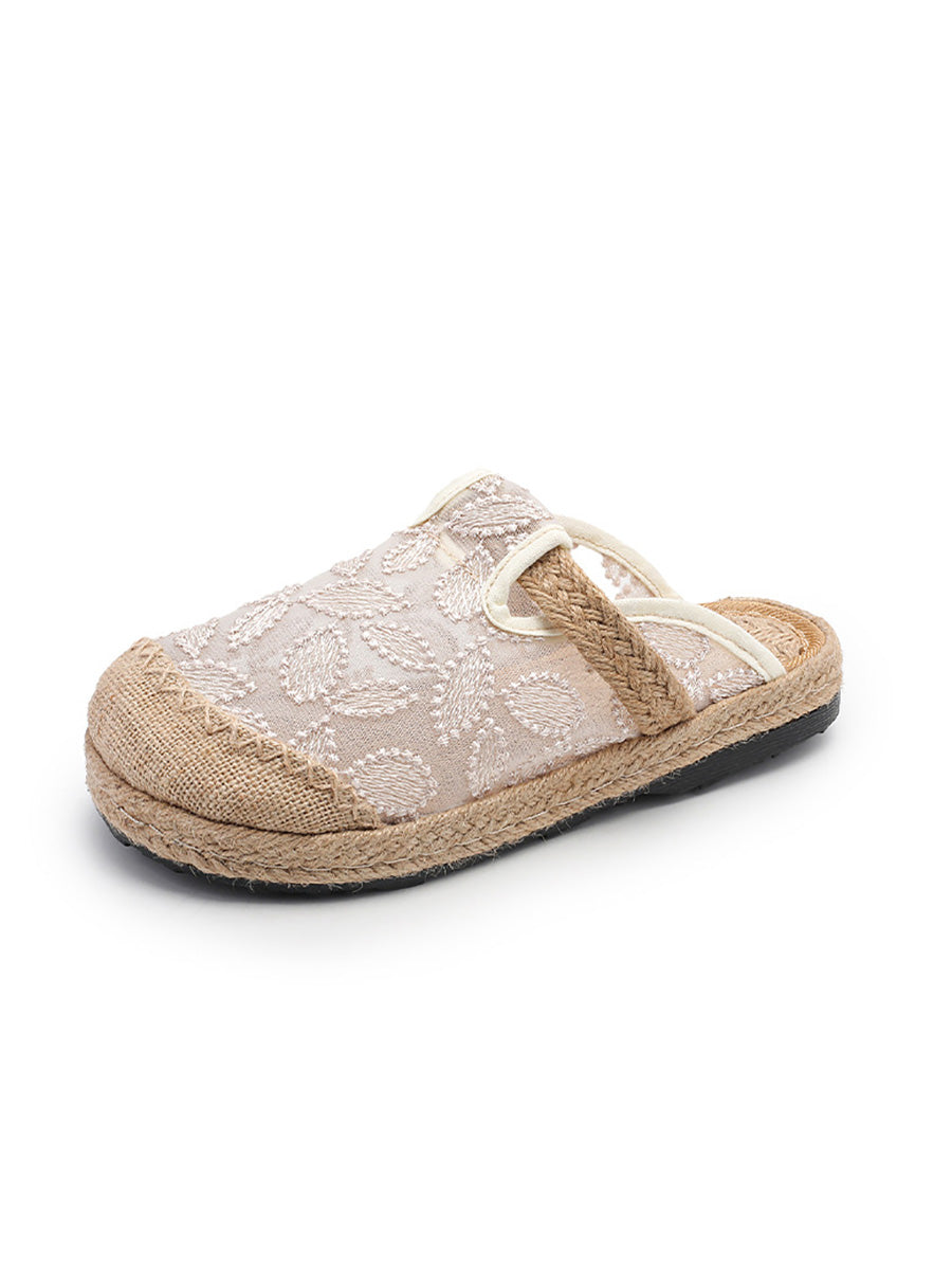 Women Summer Ethnic Linen Flower Embroidery Flat Shoes