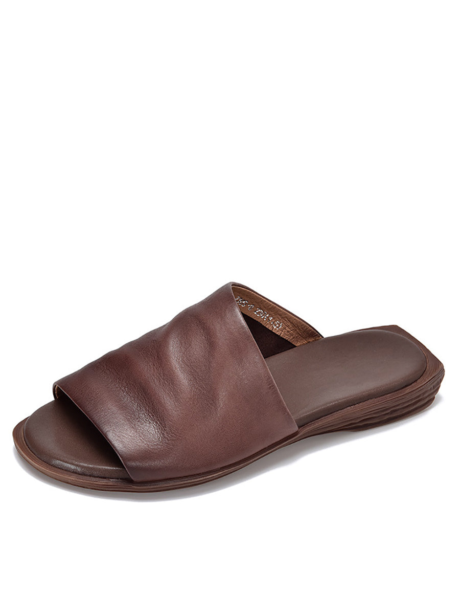 Women Summer Solid Soft Leather Flat Sandals