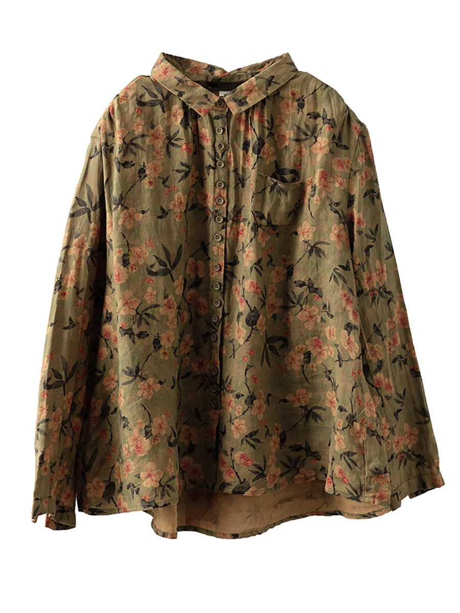 Summer Vintage Printed Linen Shirt Turn-down Collar Top