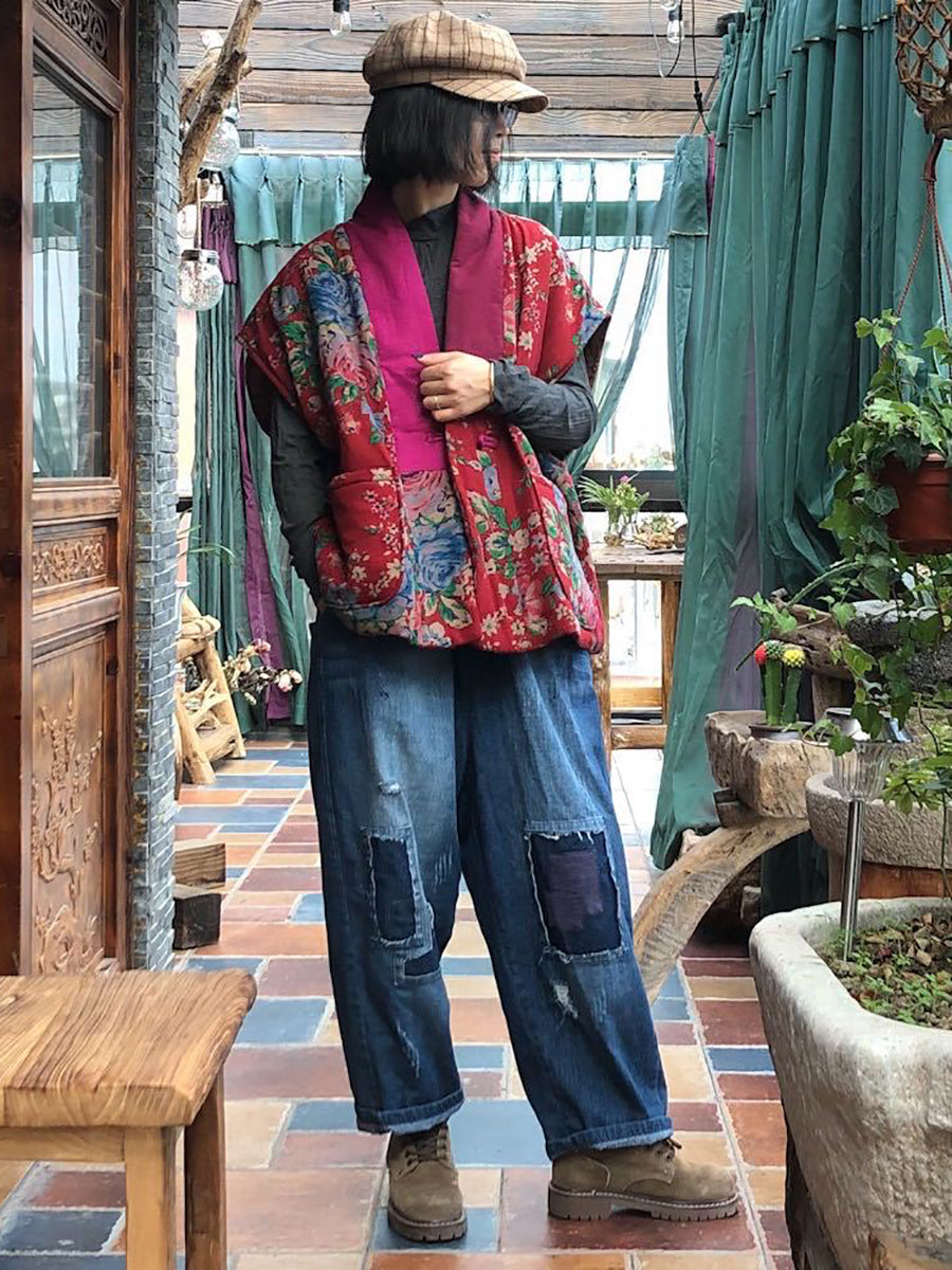 Plus Size Women Vintage Floral Spliced V-neck Vest Coat