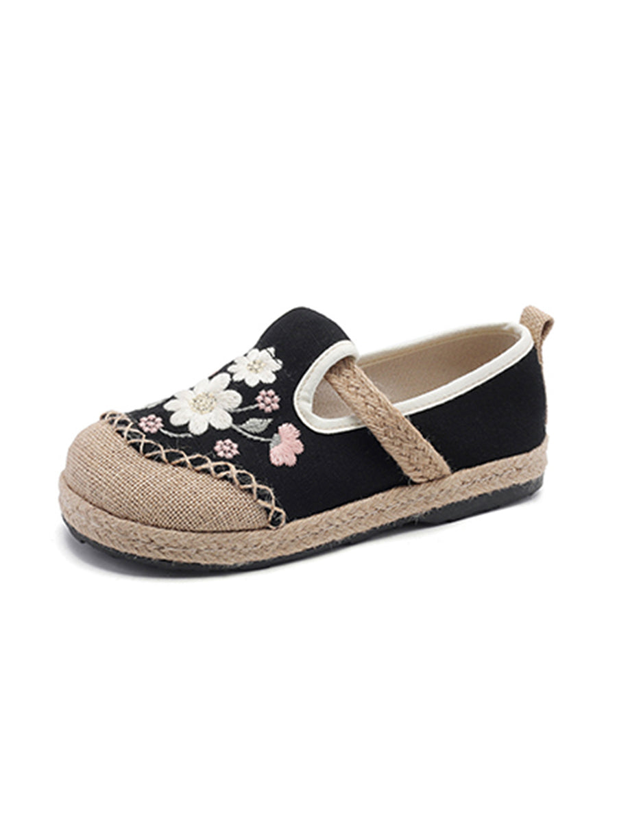 Women Ethnic Flower Embroidery Linen Flat Shoes