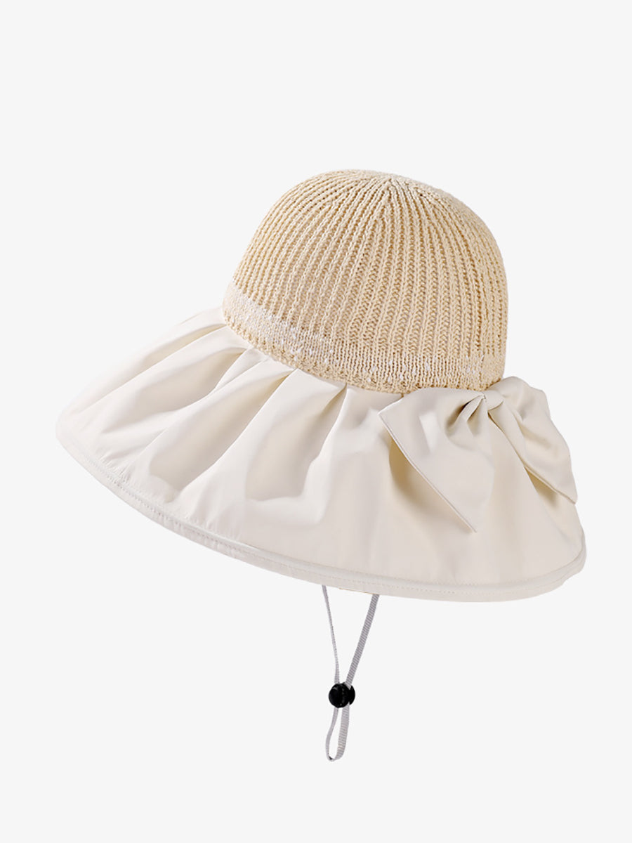 Women Summer Spliced Bowknot Large Brim Sunproof Hat
