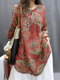 Plus Size Women Summer Vintage Flower Ramie Blouse M-4XL