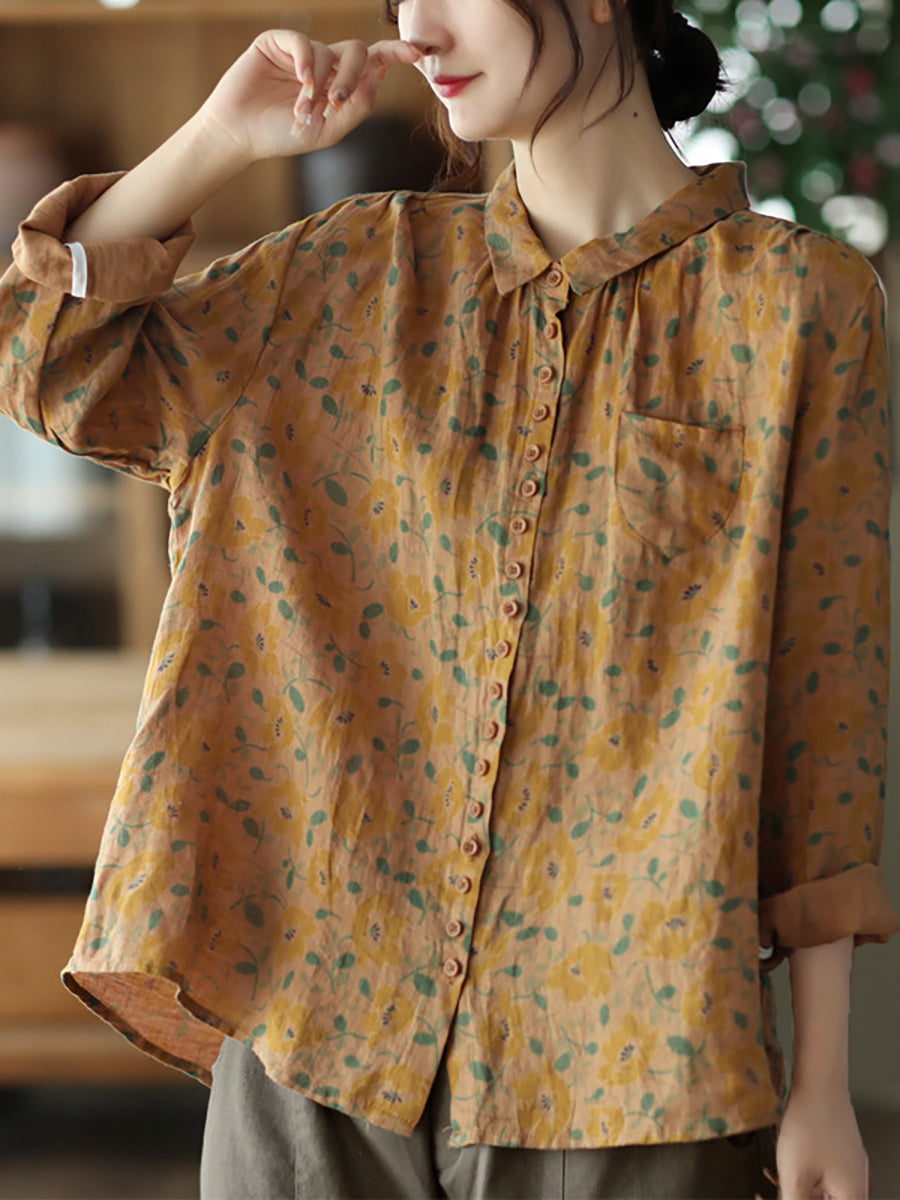 Summer Vintage Printed Linen Shirt Turn-down Collar Top
