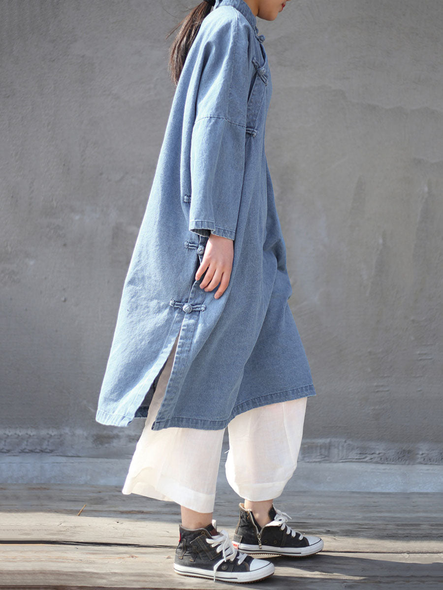 Women Spring Vintage Frog Denim Loose Dress