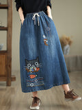 Women Spring Artsy Cat Fish Embroidery Denim Skirt