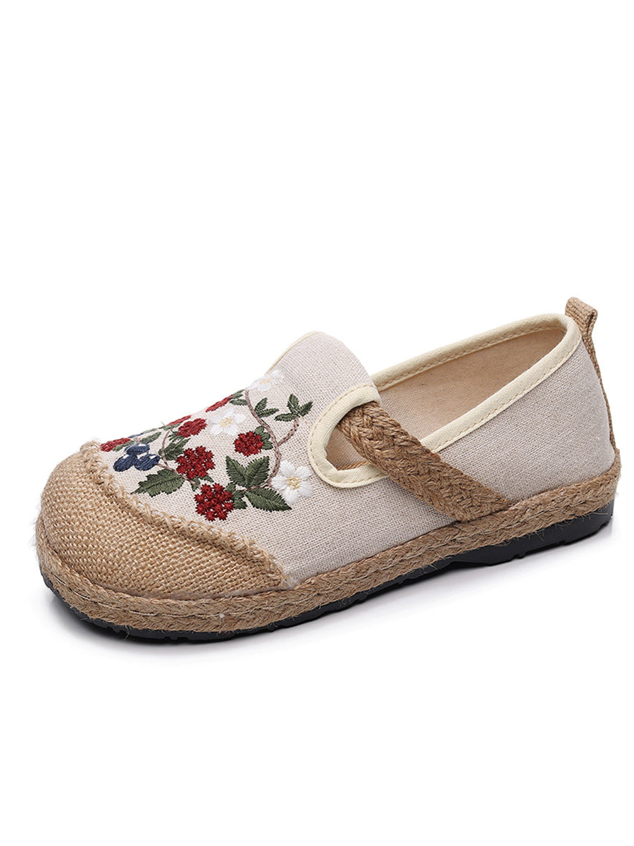 Women Ethnic Flower Embroidery Flat Linen Shoes