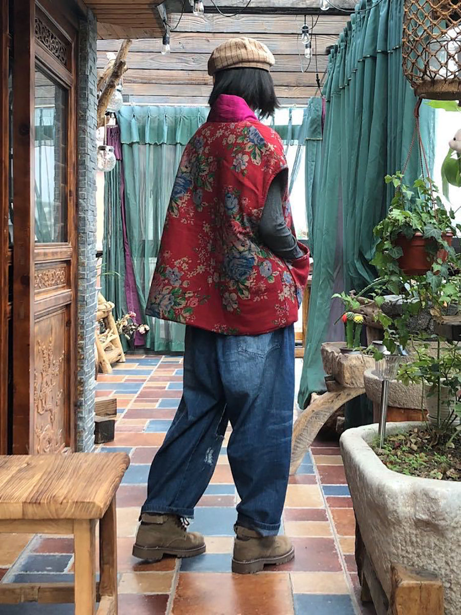Plus Size Women Vintage Floral Spliced V-neck Vest Coat