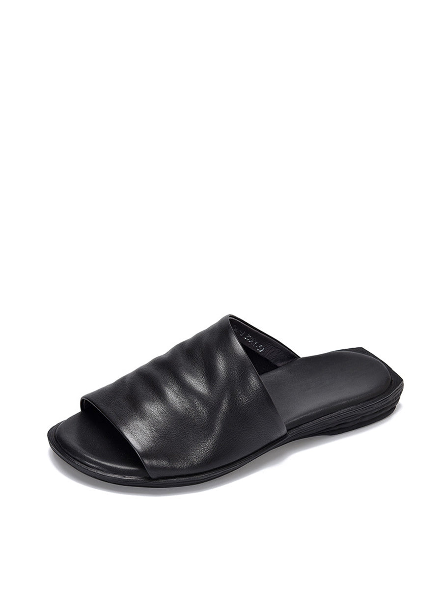 Women Summer Solid Soft Leather Flat Sandals