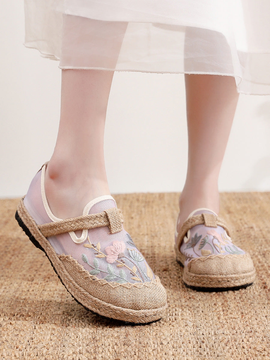 Women Ethnic Flower Embroidery Linen Shoes