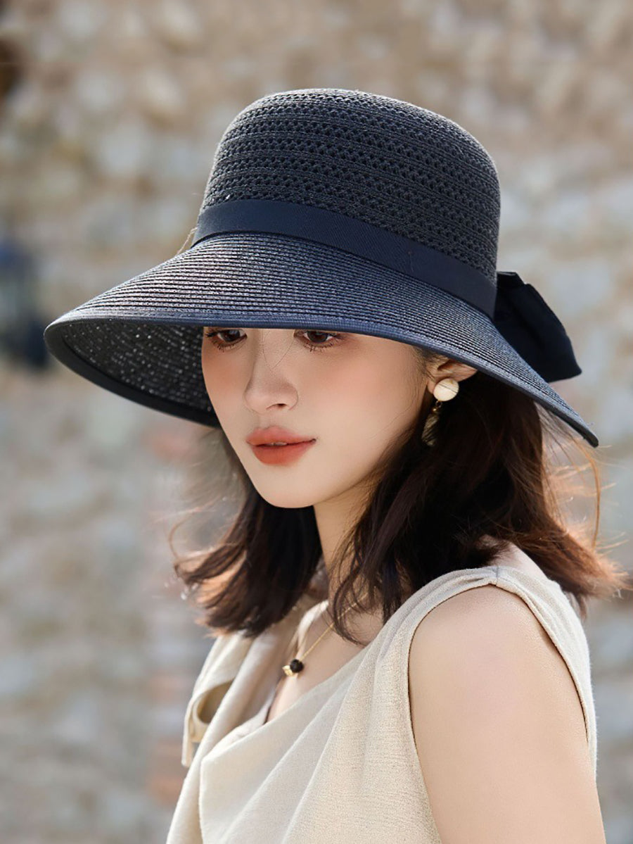 Women Summer Bowknot Straw Weave Sunproof Hat