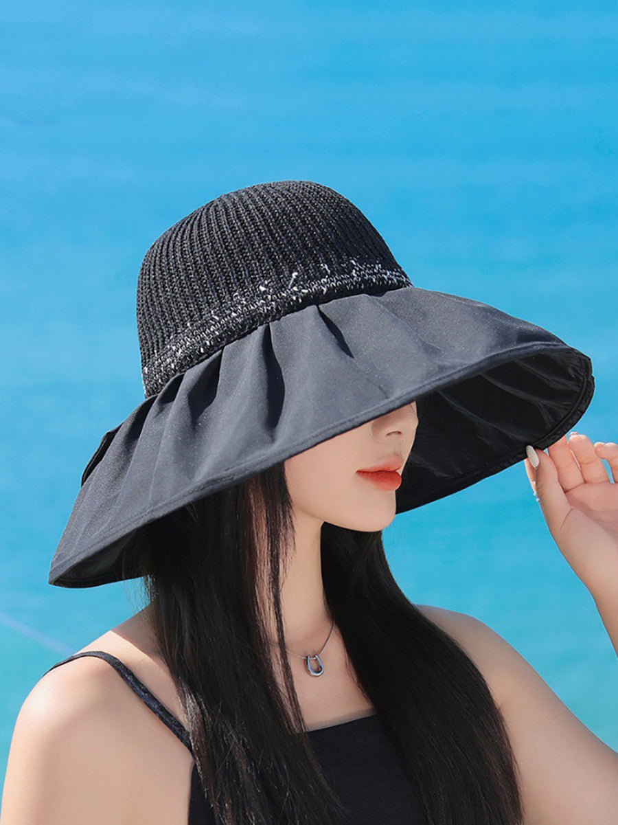 Women Summer Spliced Bowknot Large Brim Sunproof Hat