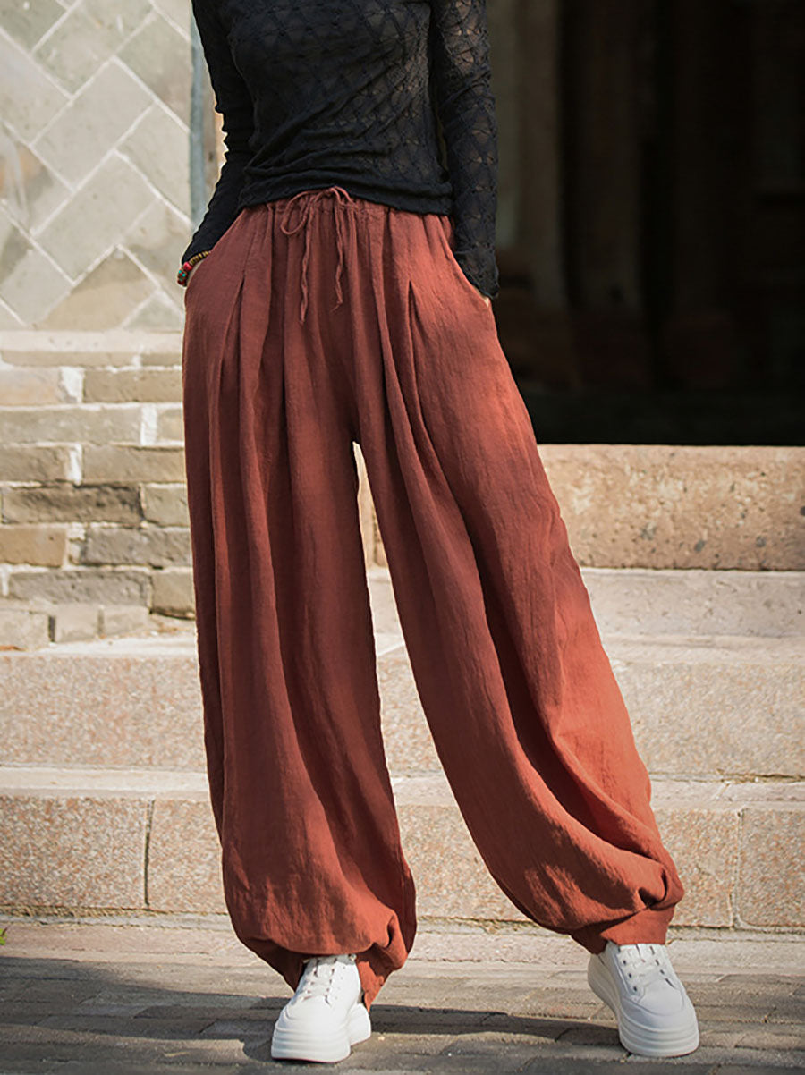 Women Autumn Vintage Solid Ramie Loose Harem Pants
