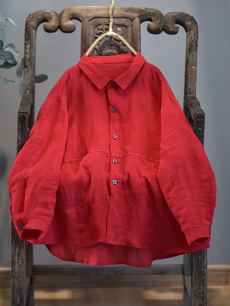 Plus Size Women Casual Solid Spring Stitching Linen Shirt