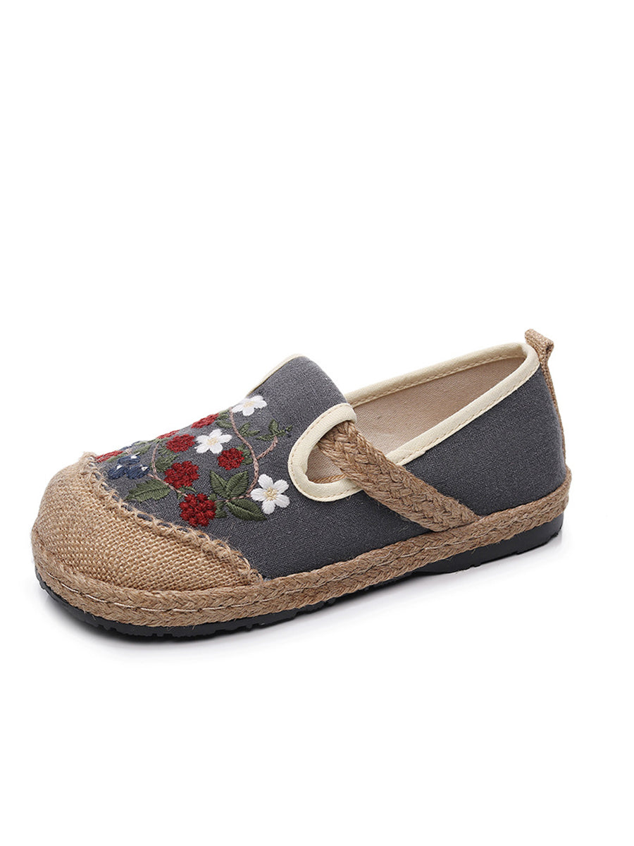 Women Ethnic Flower Embroidery Flat Linen Shoes