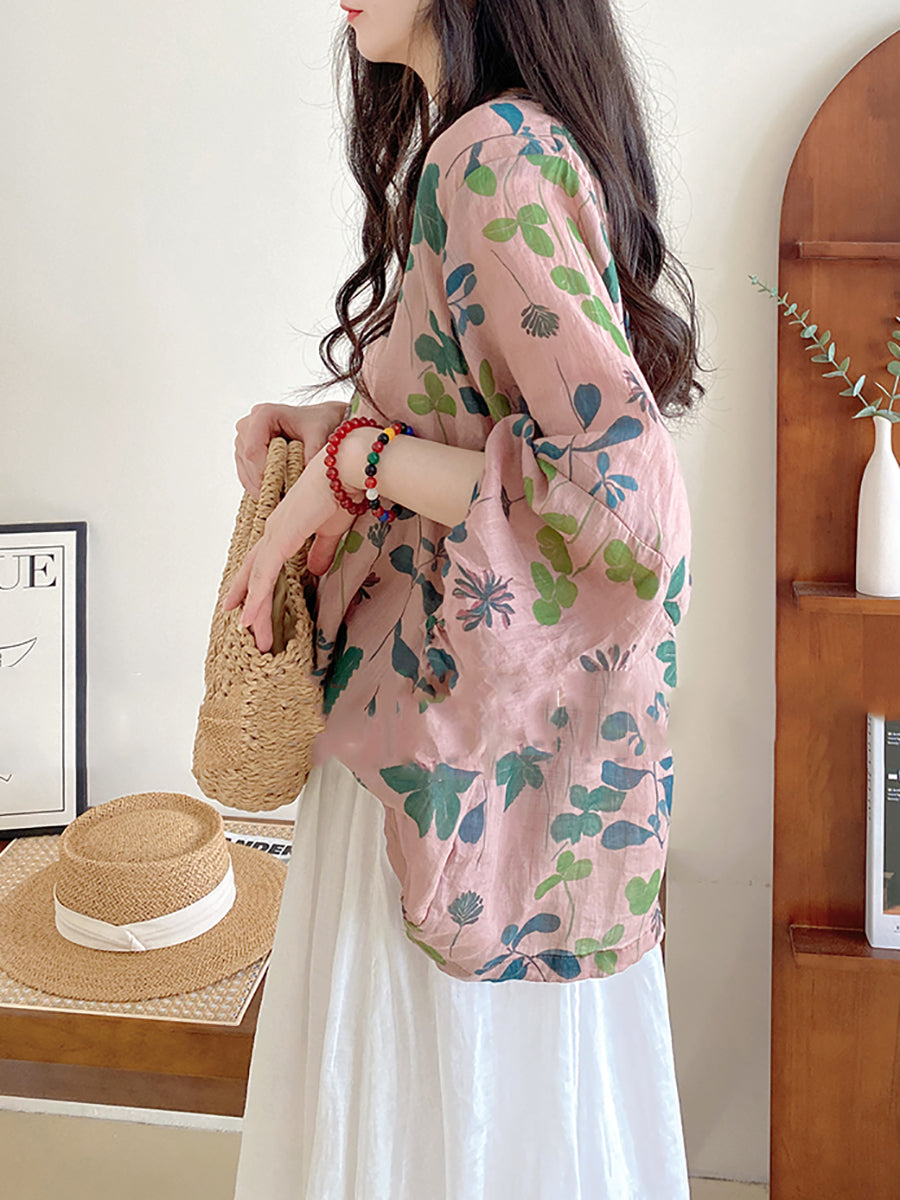 Plus Size Women Summer Artsy Flower Loose O-Neck Blouse