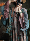 Plus Size Women Summer Retro Flower Spliced 100%Ramie Shirt Coat
