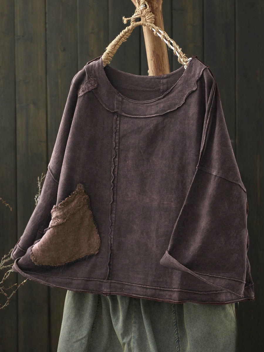 Plus Size Women Autumn Retro Pure Color Cotton Spliced O-Neck Blouse