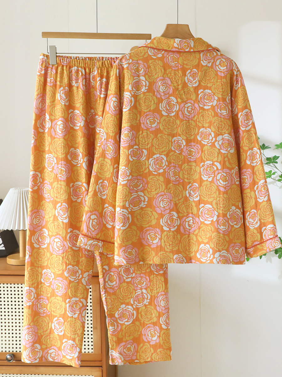 Plus Size Vintage Floral Jacquard Long-Sleeve Pajama Set