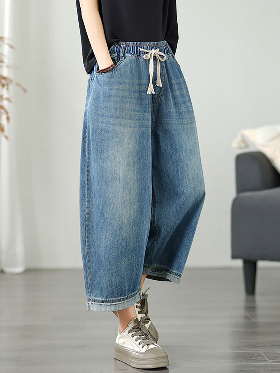 Plus Size Women Casual Summer Pure Color Wide-leg Jeans