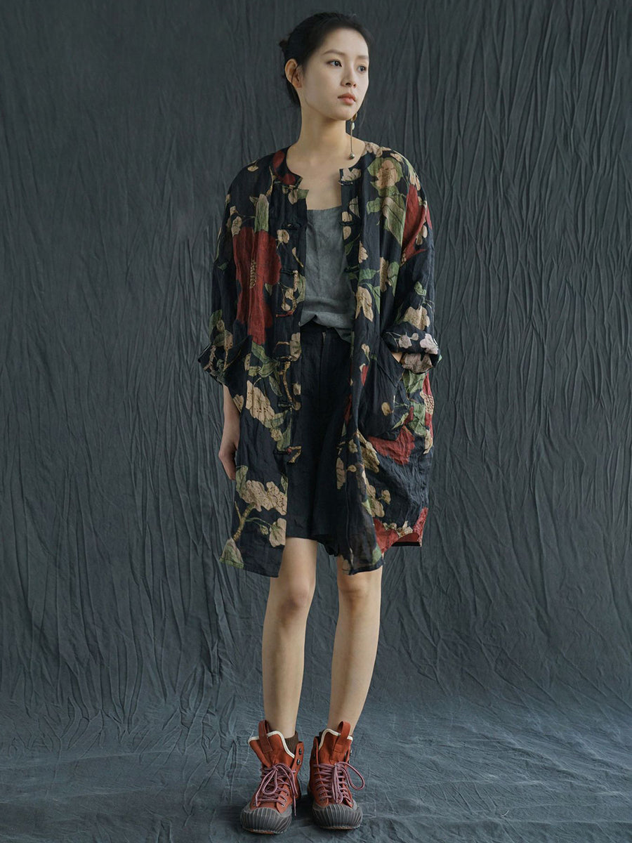 Plus Size Women Vintage Flower Print Ramie Spring Shirt