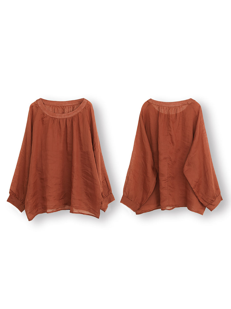 Plus Size Women Summer Solid Vintage Full Sleeve Ramie Blouse