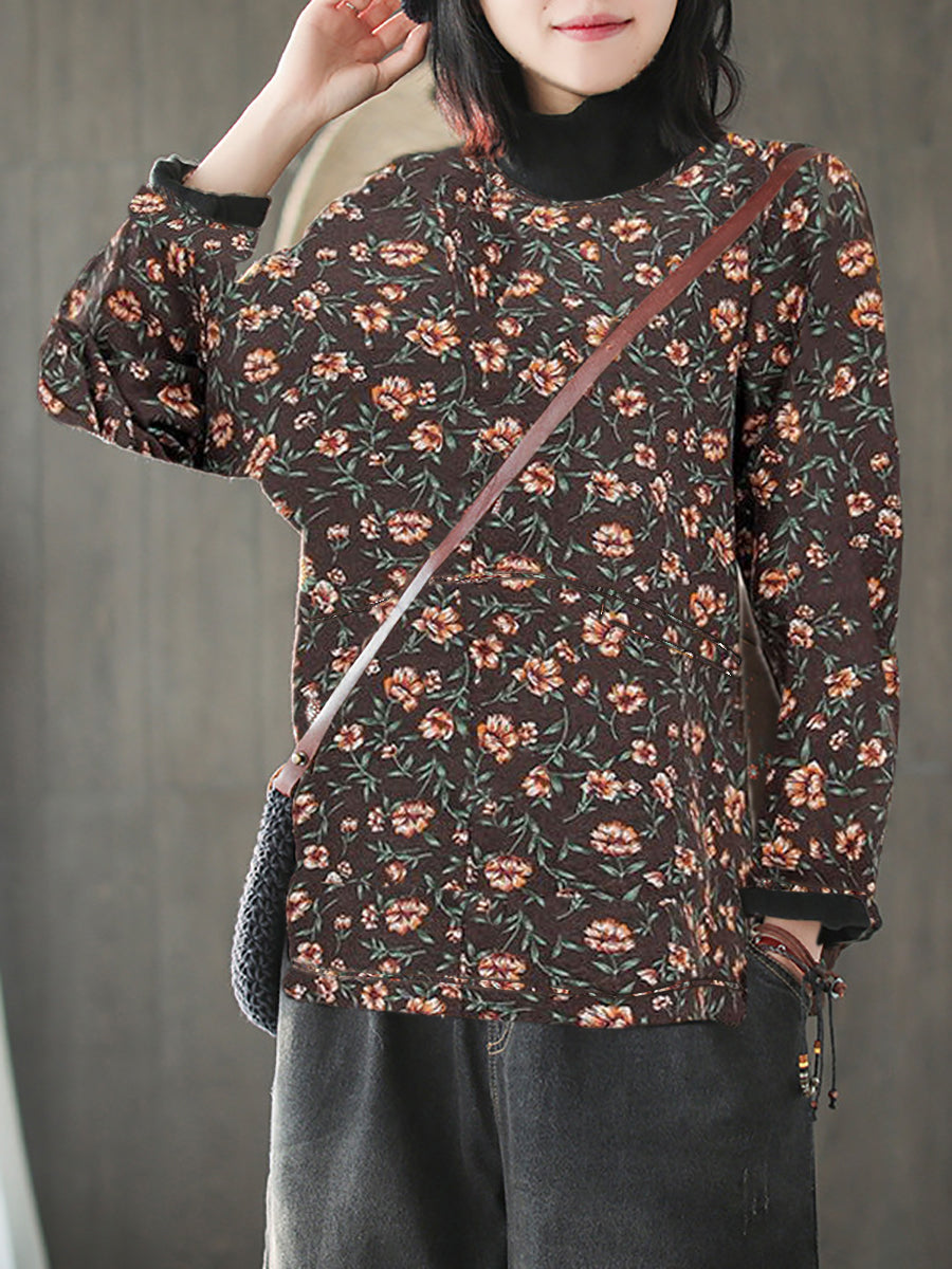 Plus Size Vintage Flower Half-high Collar Spliced Cotton Blouse