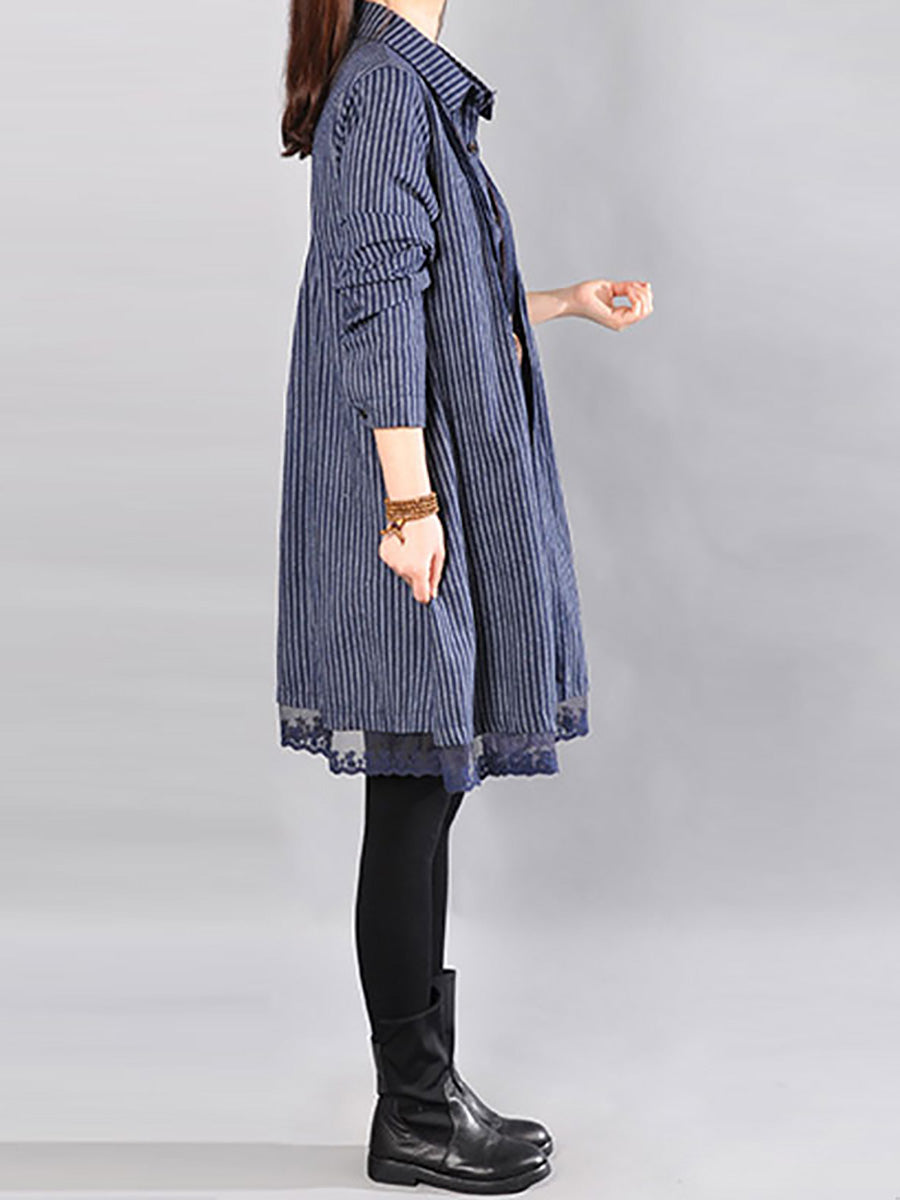 Plus Size Loose Cotton Linen Stripe Lace Hem Shirt Dress