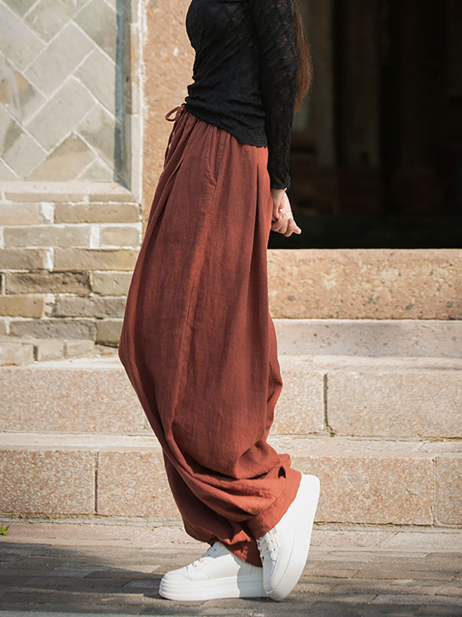 Women Autumn Vintage Solid Ramie Loose Harem Pants