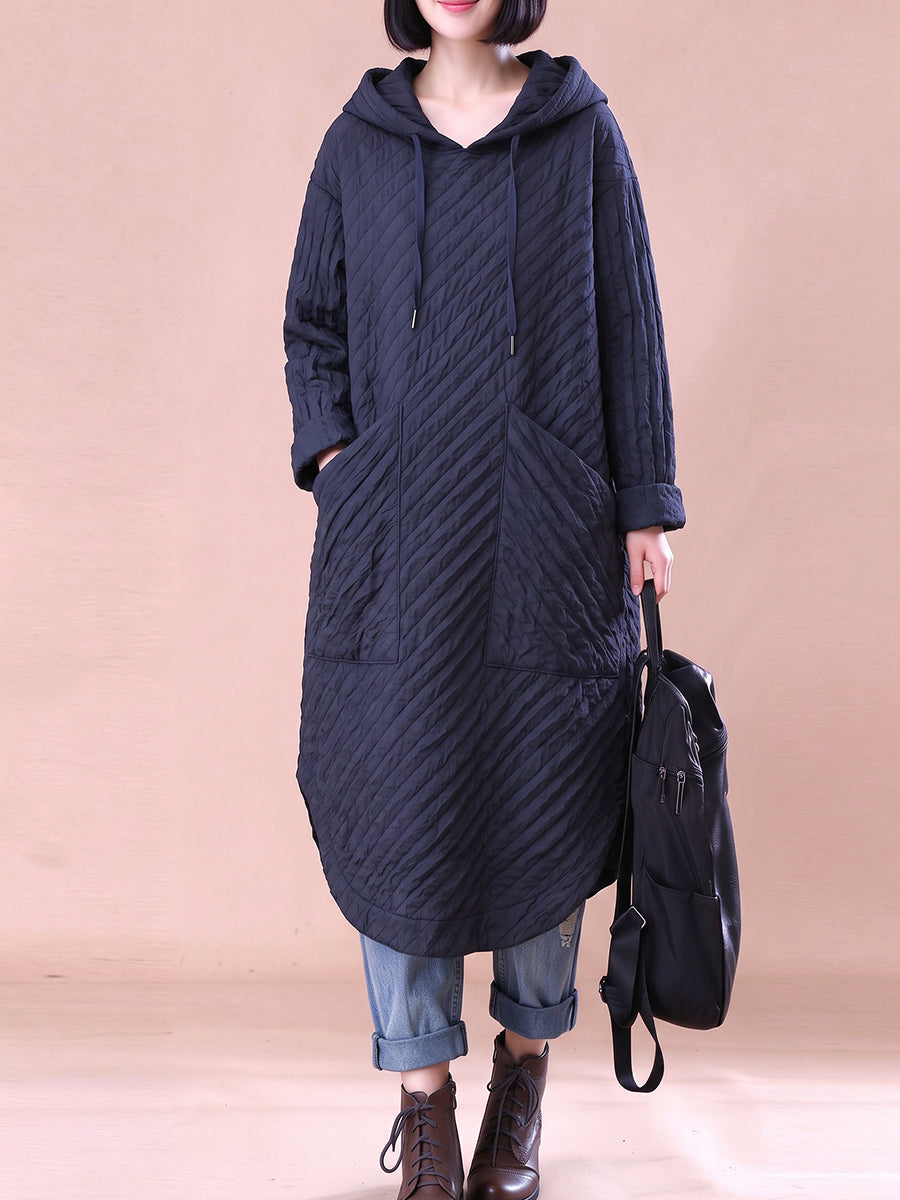 Plus Size Women Lazy Style Diagonal Quilted Loose Hooded Dress