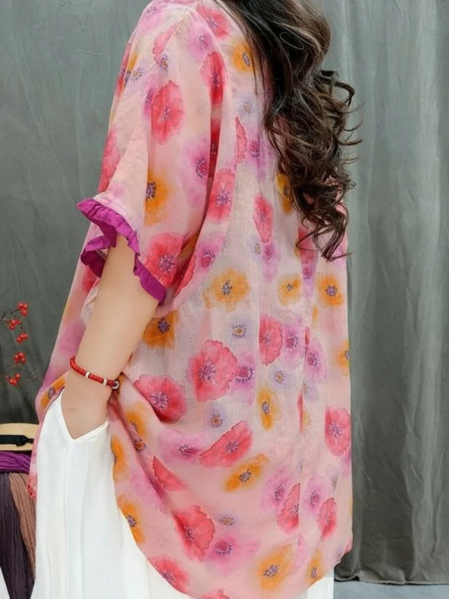 Women Summer Vintage Floral Ramie Loose V-Neck Blouse