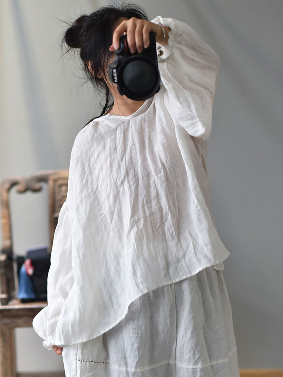 Plus Size Women Spring Retro V-Neck Puff Sleeve Blouse