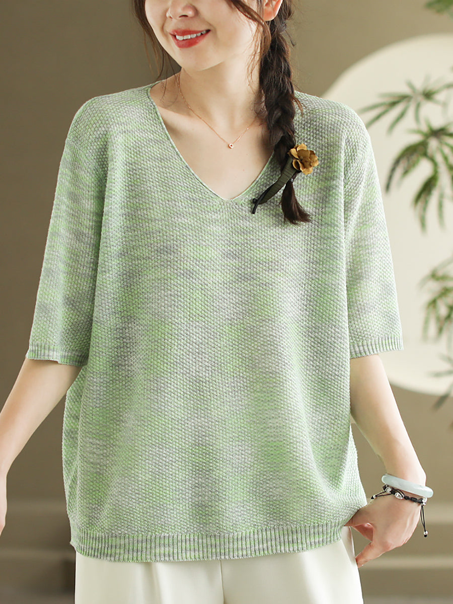 Women Summer Casual Knitted V-Neck Shirt