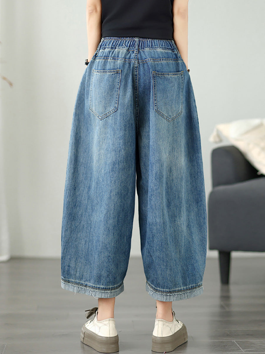 Plus Size Women Casual Summer Pure Color Wide-leg Jeans