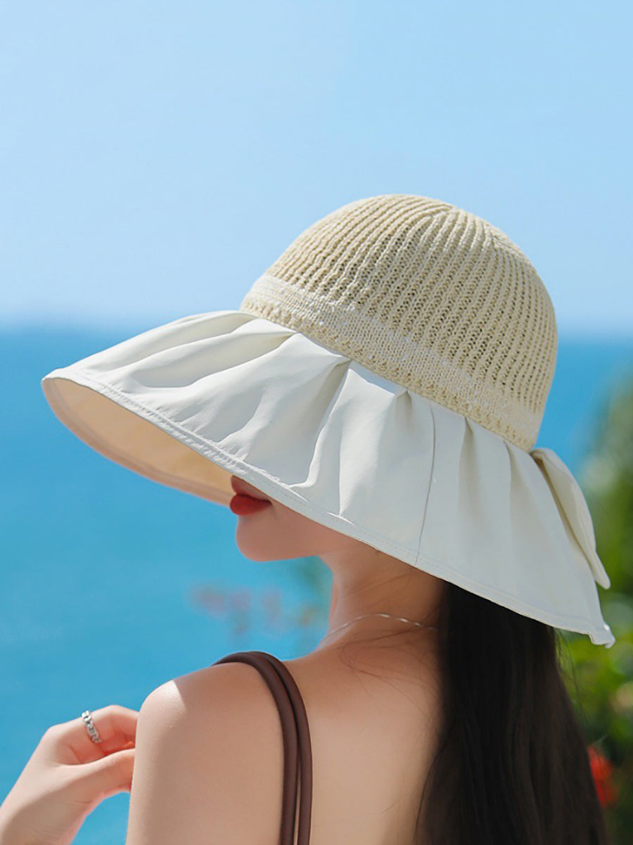 Women Summer Spliced Bowknot Large Brim Sunproof Hat