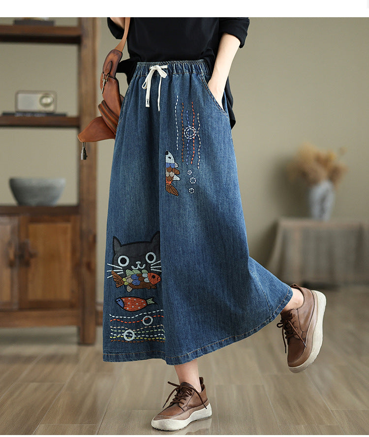 Women Spring Artsy Cat Fish Embroidery Denim Skirt