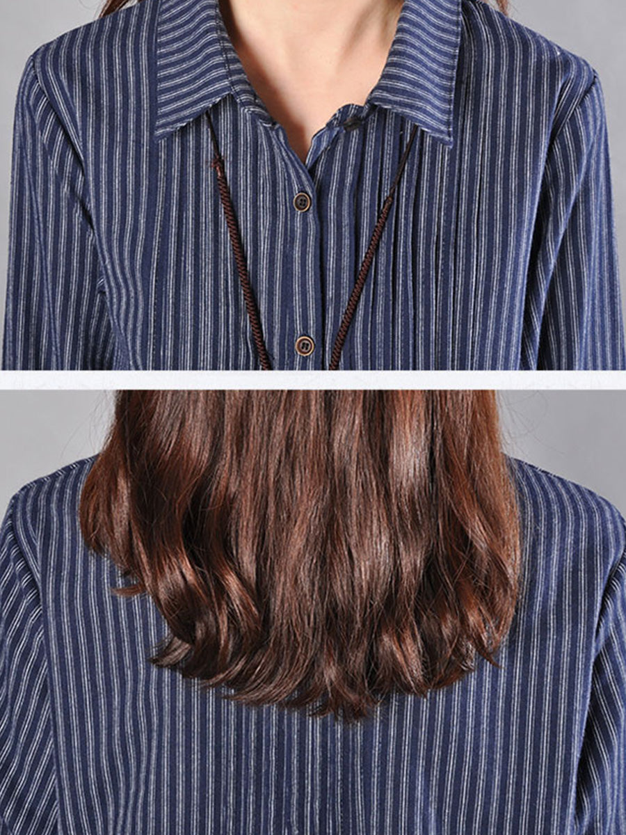 Plus Size Loose Cotton Linen Stripe Lace Hem Shirt Dress