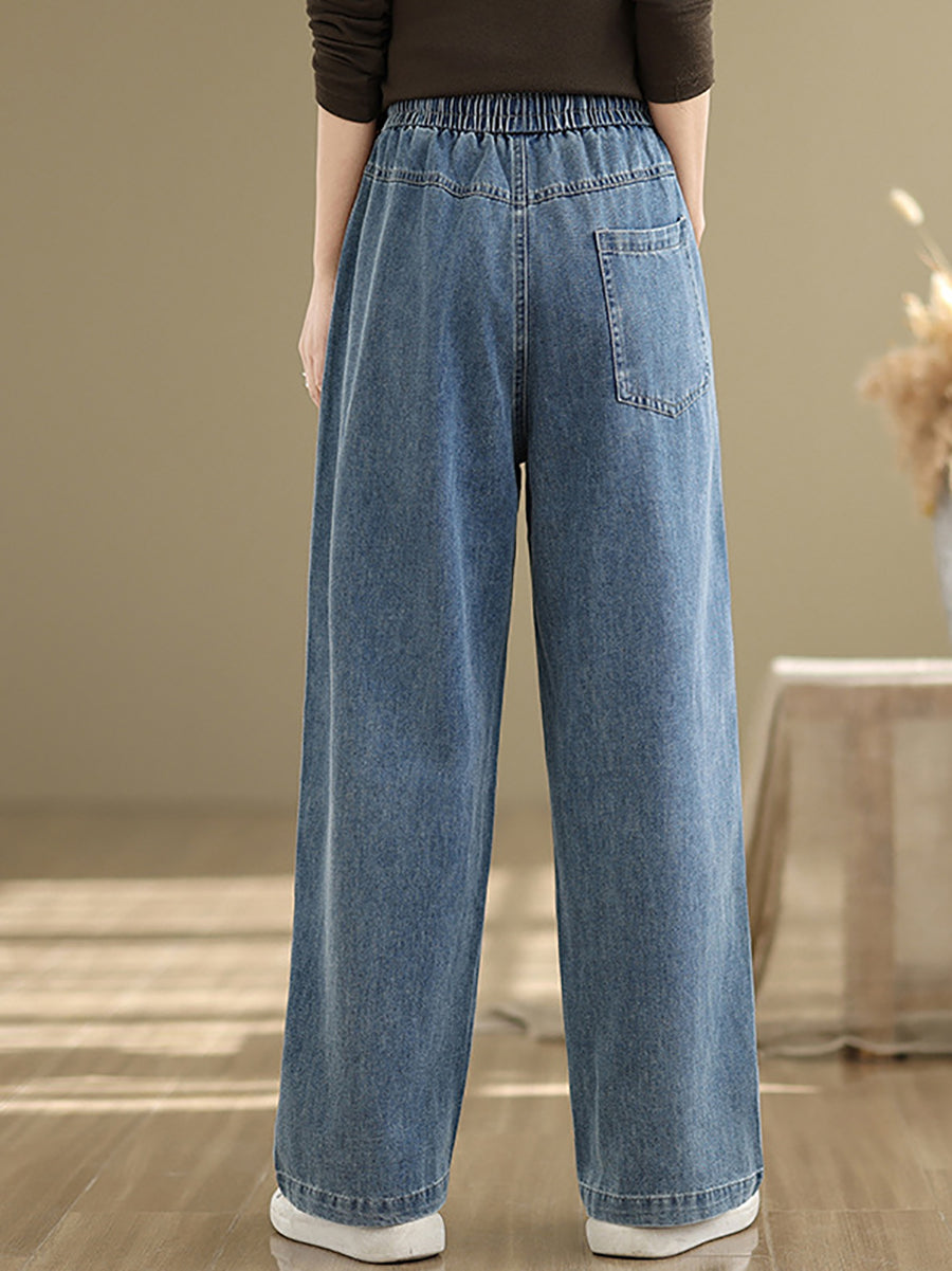 Plus Size Women Spring Casual Pure Color Denim Straight Pants