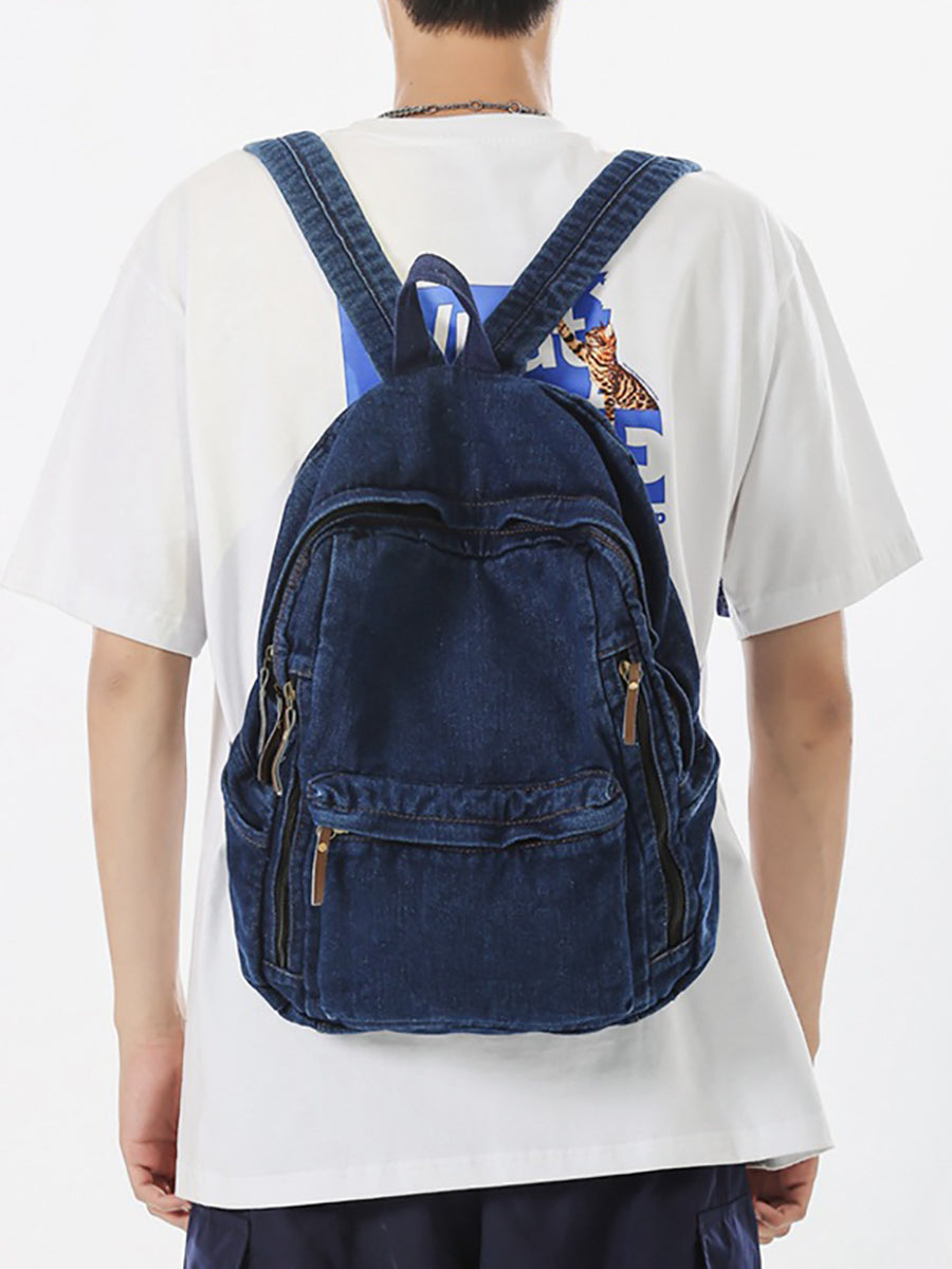 Women Casual Solid Large Capacity School Denim Backpack