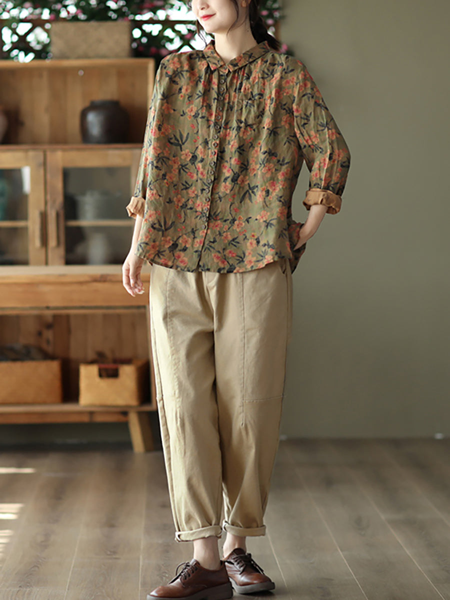 Summer Vintage Printed Linen Shirt Turn-down Collar Top