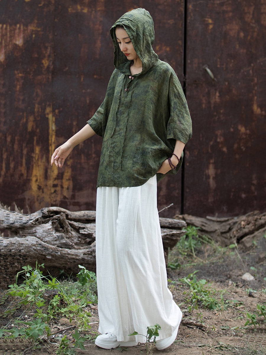 Plus Size Women Summer Vintage Tie-dye Batwing Sleeve Hooded Shirt