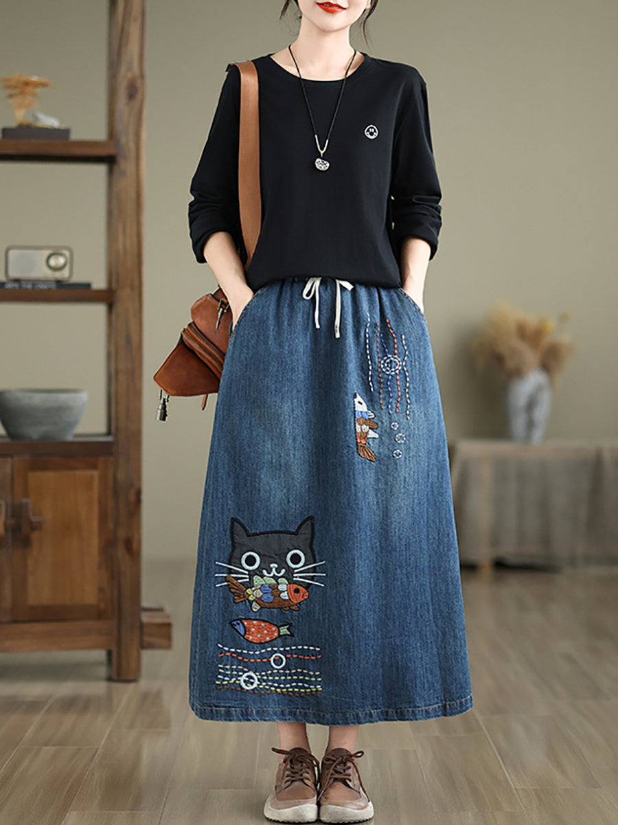 Women Spring Artsy Cat Fish Embroidery Denim Skirt