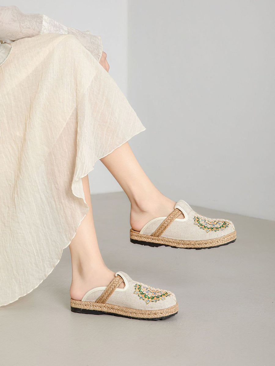 Women Summer Flower Embroidery Linen Slippers