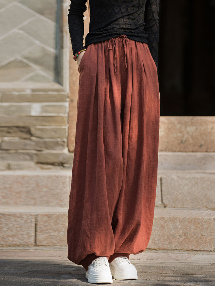 Women Autumn Vintage Solid Ramie Loose Harem Pants