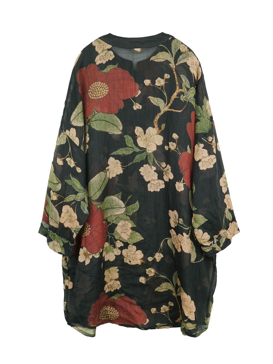 Plus Size Women Vintage Flower Print Ramie Spring Shirt