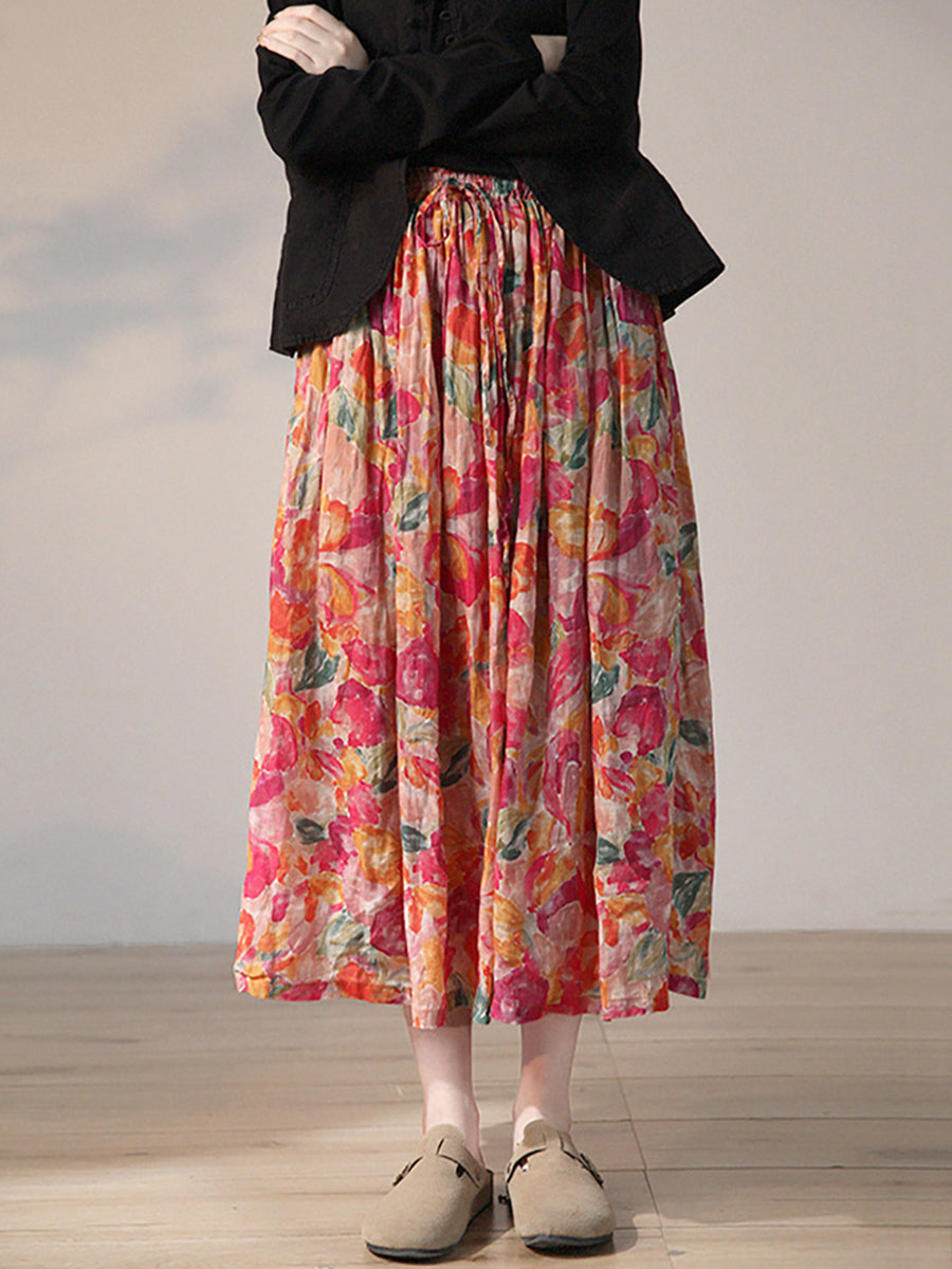 Plus Size Women Summer Artsy Flower Drawstring Ramie Skirt